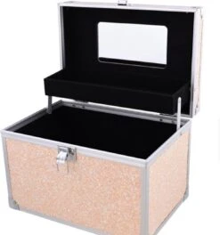 Merkloos Beauty Vanity Case - Make Up Koffer - Roze Met Glitters - Met Spiegel En Extra Opbergvak