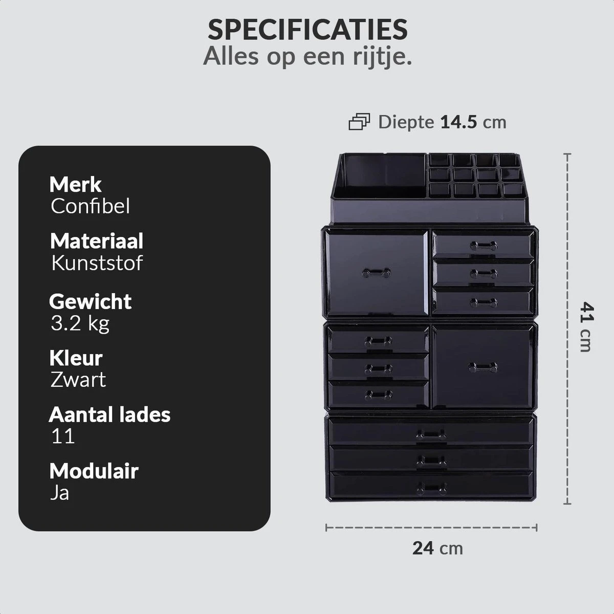 Confibel XXL Acryl Make-up Cosmetica Organizer - Verstelbare Lades - Sieraden/Make-up/Cosmetica Organizer - 11 Compartimenten - Zwart 10 Confibel XXL Acryl Make-up Cosmetica Organizer - Verstelbare Lades - Sieraden/Make-up/Cosmetica Organizer - 11 Compartimenten - Zwart - Afbeelding 8