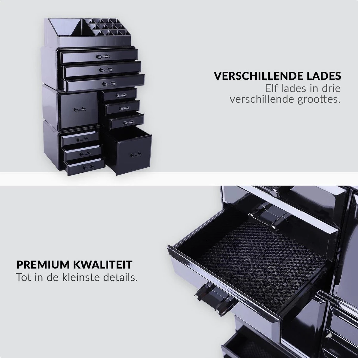 Confibel XXL Acryl Make-up Cosmetica Organizer - Verstelbare Lades - Sieraden/Make-up/Cosmetica Organizer - 11 Compartimenten - Zwart 11 Confibel XXL Acryl Make-up Cosmetica Organizer - Verstelbare Lades - Sieraden/Make-up/Cosmetica Organizer - 11 Compartimenten - Zwart - Afbeelding 9