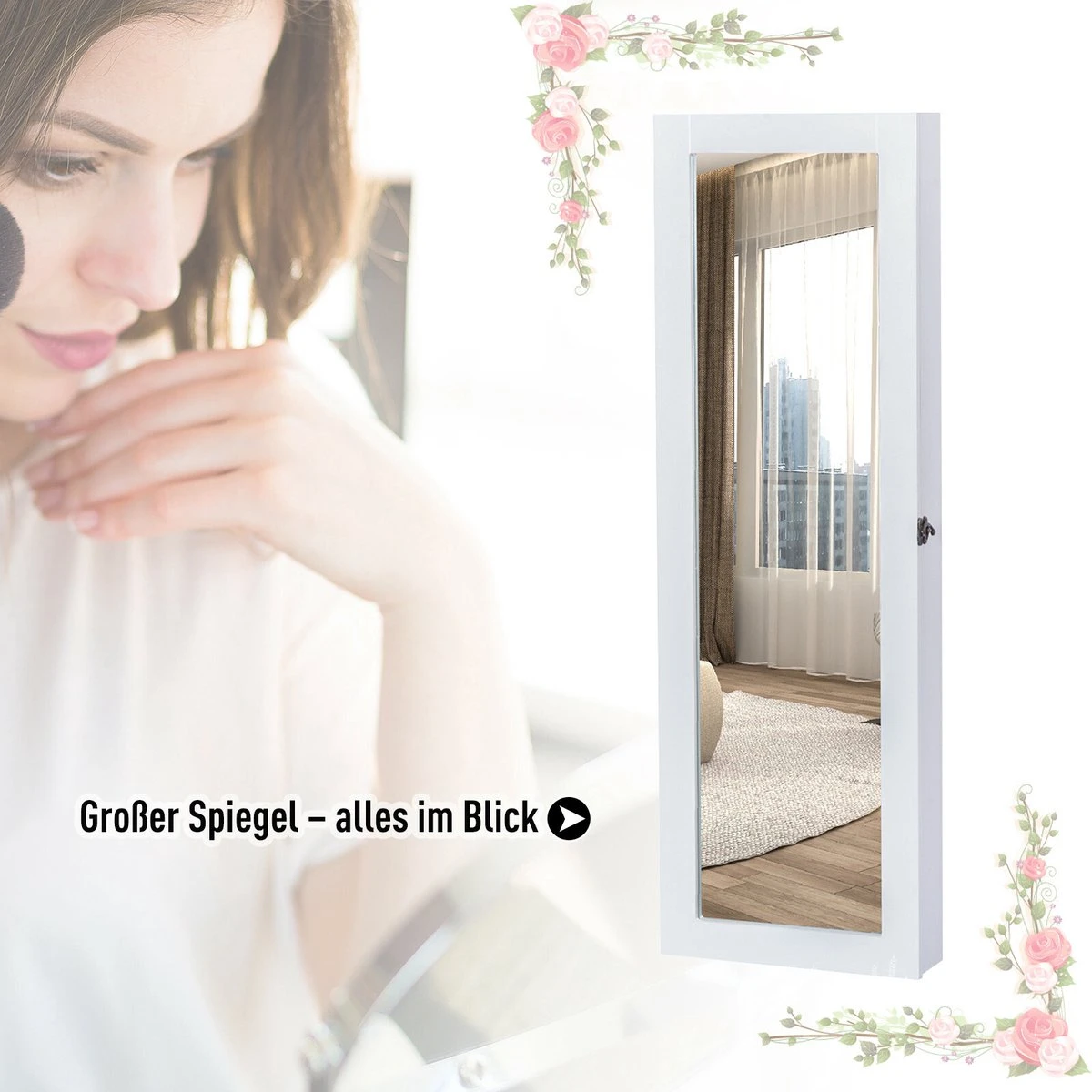 HOMCOM 2-in-1 Sieradenkast Wandspiegel Spiegelkast Sieraden Ladekast Spiegel 833-102WT 13 HOMCOM 2-in-1 Sieradenkast Wandspiegel Spiegelkast Sieraden Ladekast Spiegel 833-102WT - Afbeelding 11