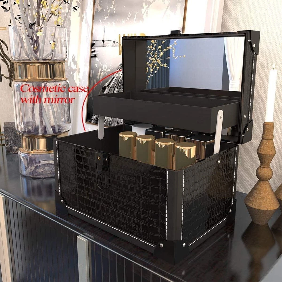 Make Up Koffer- Make Up Organizer- Beautycase -zwart -Make-upkoffer- Multifunctionele Koffer- Make-upkoffer- Sieradenkoffer- Kapperskoffer- Afneembare Schouderriem- Klassieke Zwarte Beautycase 3 Make Up Koffer- Make Up Organizer- Beautycase -zwart -Make-upkoffer- Multifunctionele Koffer- Make-upkoffer- Sieradenkoffer- Kapperskoffer- Afneembare Schouderriem- Klassieke Zwarte Beautycase - Afbeelding 2