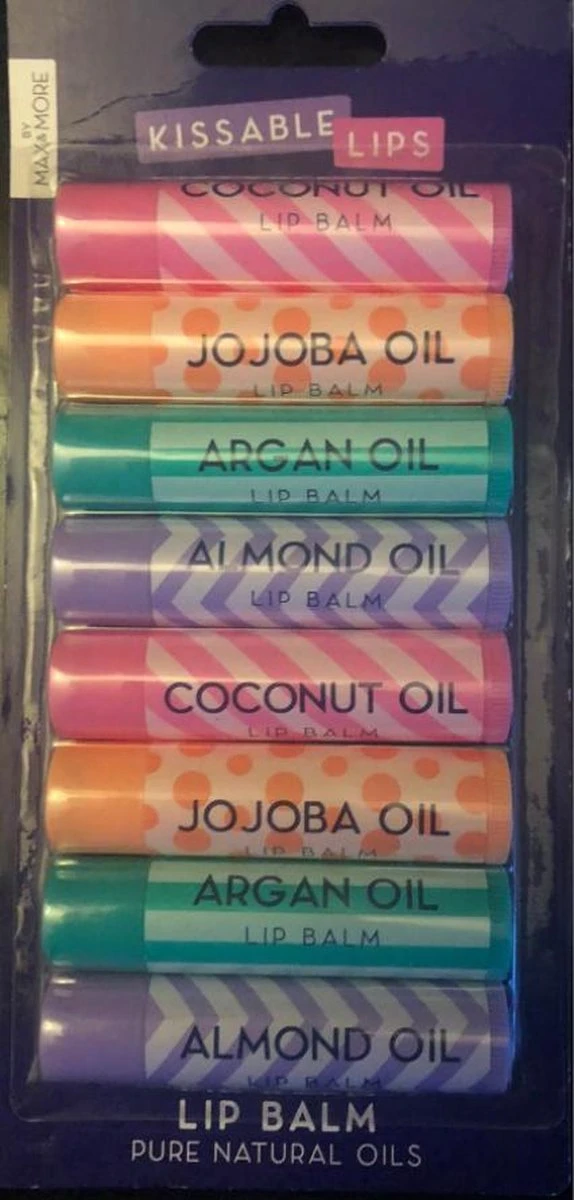 MAX Lippenbalsem 8 Stuks In Diverse Smaken 2 X Coconut - 2 X Argan -2 X Jojoba -2 X Almond - Lippen Balsem 3 MAX Lippenbalsem 8 Stuks In Diverse Smaken 2 X Coconut - 2 X Argan -2 X Jojoba -2 X Almond - Lippen Balsem