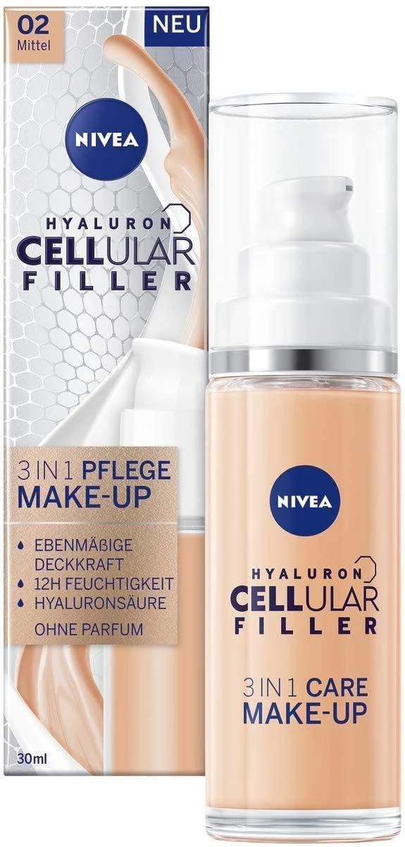 NIVEA Hyaluron Cellular Filler 3-in-1 Verzorgende Make-up #02 Medium (30 Ml), Hydraterende Foundation Met Hyaluron, Gezichtsmake-up 3 NIVEA Hyaluron Cellular Filler 3-in-1 Verzorgende Make-up #02 Medium (30 Ml), Hydraterende Foundation Met Hyaluron, Gezichtsmake-up