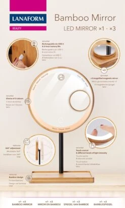 Lanaform - Bamboo Mirror - Oplaadbare Staande Spiegel ×1 · ×3 - Elegant Design Van Bamboe Met Zwarte Poedercoatingafwerking - Ledlampen Met Lange Levensduur -Modecosmetica Winkel 722x1200