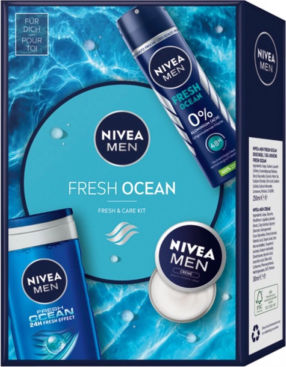 Nivea Men GP 'Fresh Ocean' Deo Fresh Ocean 150ml+ Fresh Care Kit Creme + Douche Gel 250ml - Mannen - Cadeau Geschenkverpakking - Geschenk Verzorging 3 Nivea Men GP 'Fresh Ocean' Deo Fresh Ocean 150ml+ Fresh Care Kit Creme + Douche Gel 250ml - Mannen - Cadeau Geschenkverpakking - Geschenk Verzorging